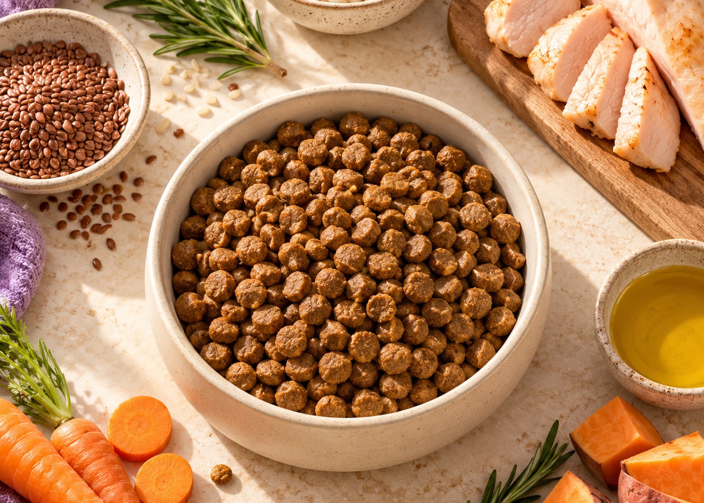 Bowl of kibble with food ingredients arranged on a light surface