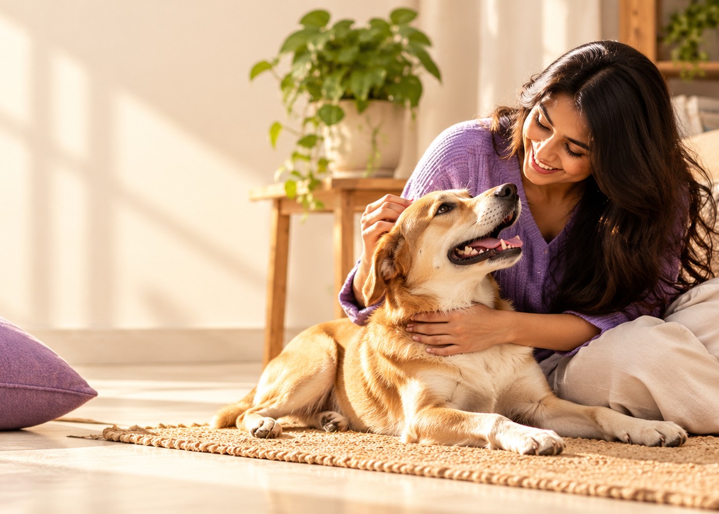 Dog sharing a relaxed moment with its owner at home